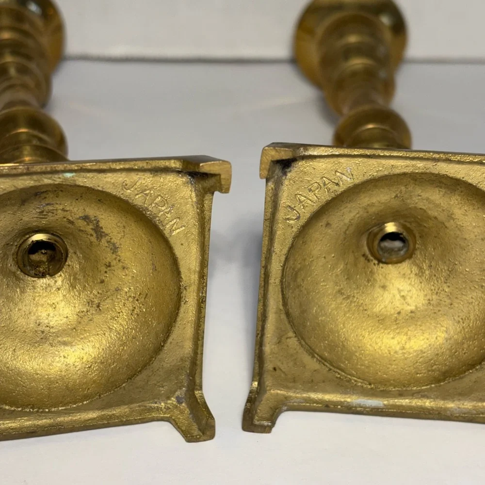 Vintage Brass Candlestick Holders Japan Square Base 7.5” Set Of Two